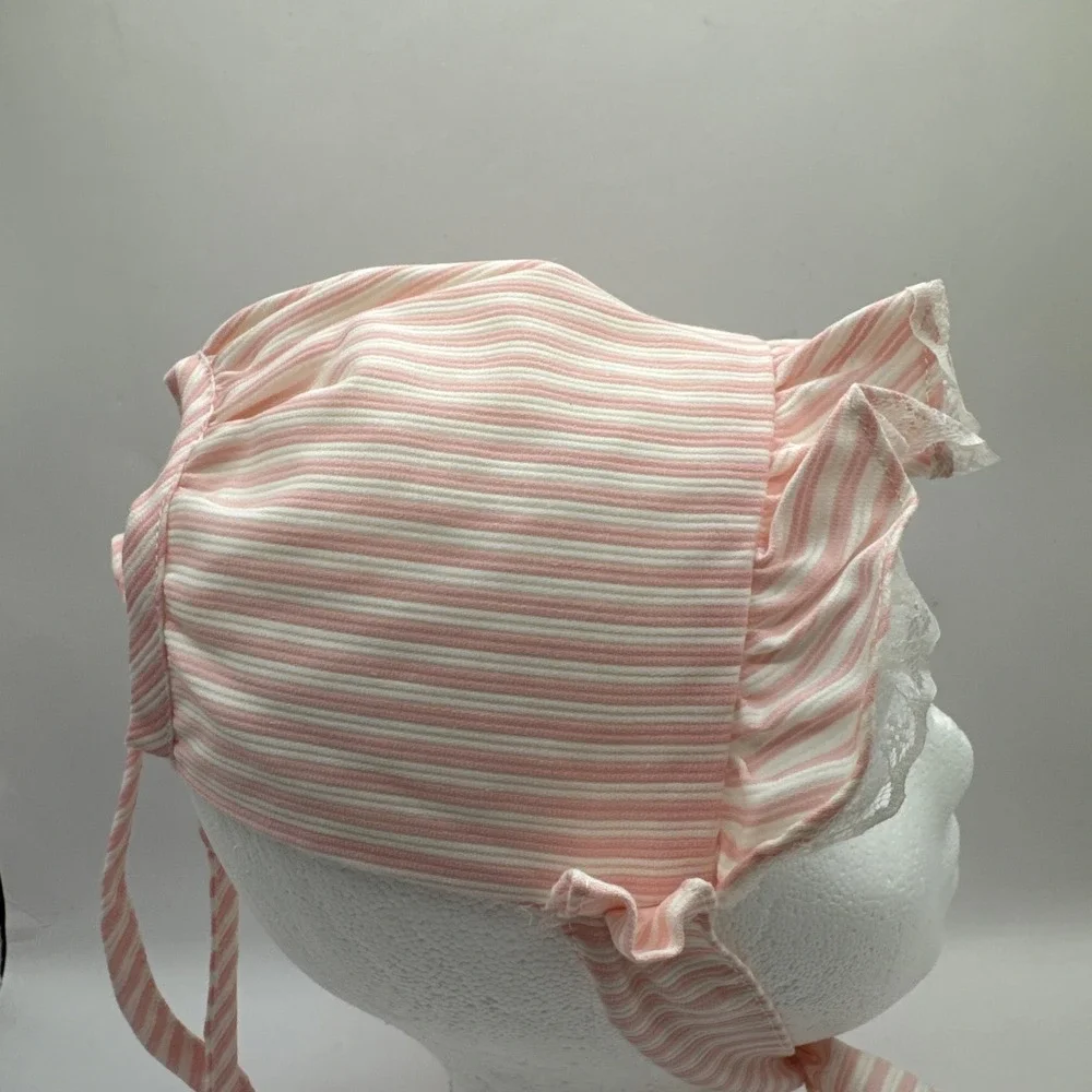 Vintage Baby Bonnet Pink White Cotton Stripe Adjustable Ribbon‎